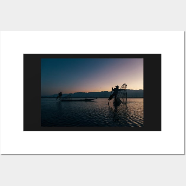 Two Fishermen at Work on Lake Inle in Early Morning, Myanmar Wall Art by visualspectrum